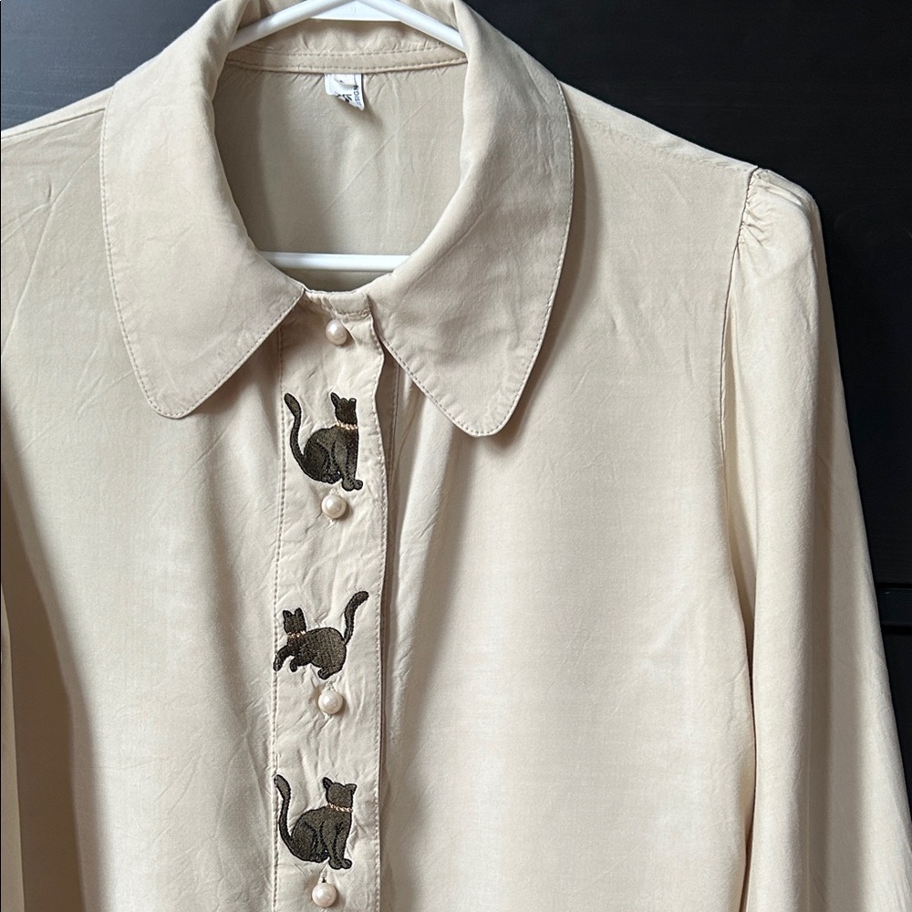 Cream Button-Up Blouse with Cat Embroidery